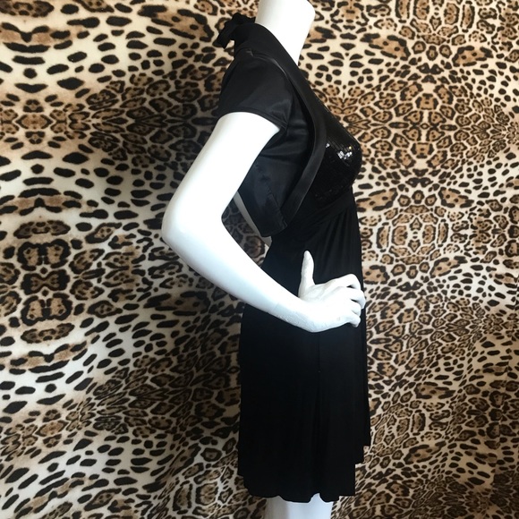 Plunging Neckline Black Sequin H & M Dress w/ Satin Le Chateau Bolero Jacket - Picture 5 of 15